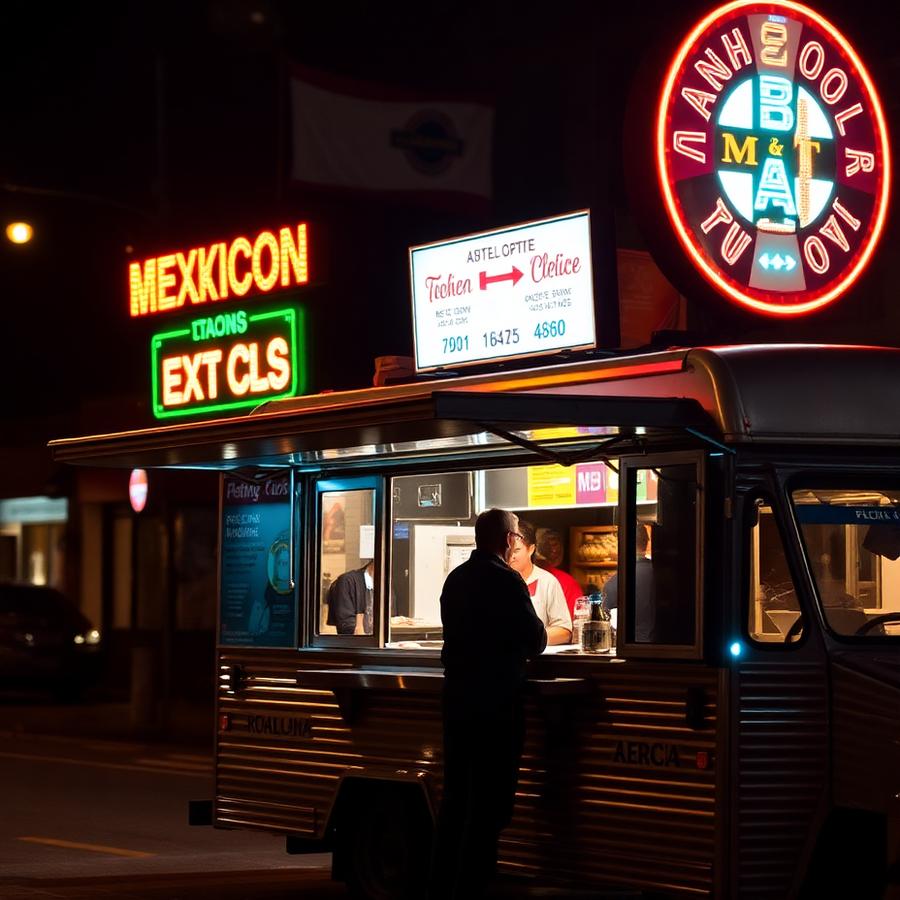 Los Pinches Tacos food truck lit up at night